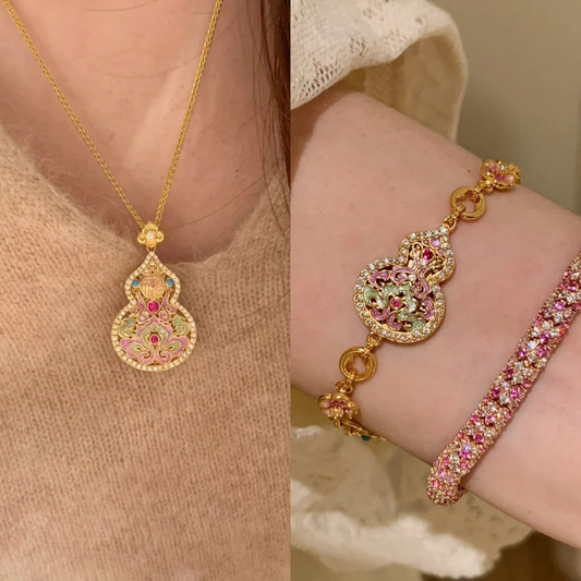 Gold-Plated 925 Silver|Enamel Hollow Gourd Jewelry Set (Necklace+Bracelet)