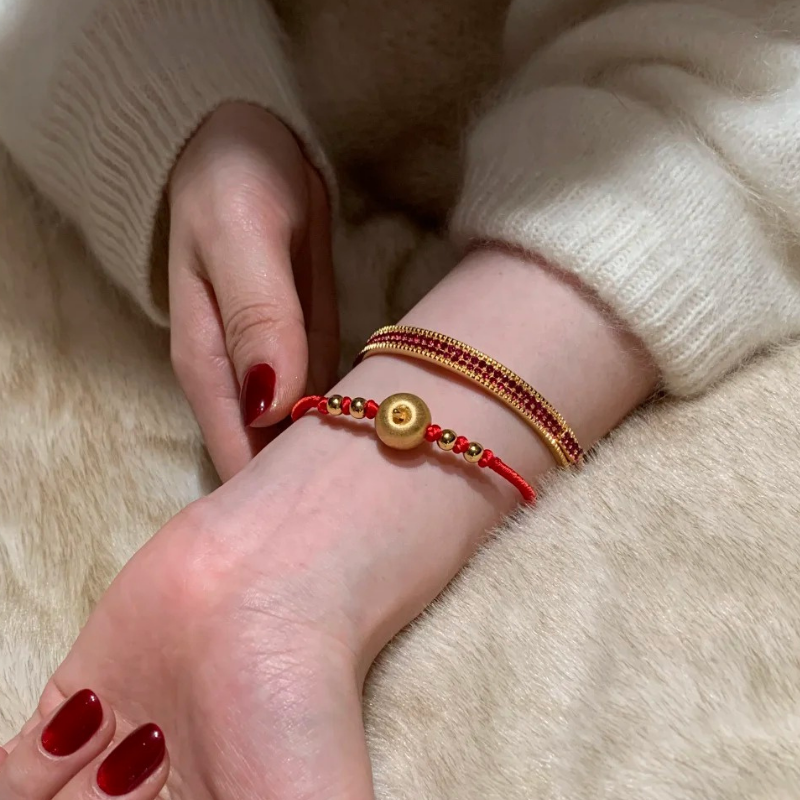 Gold-Plated 925 Silver|Peace Apple Red String Bracelet