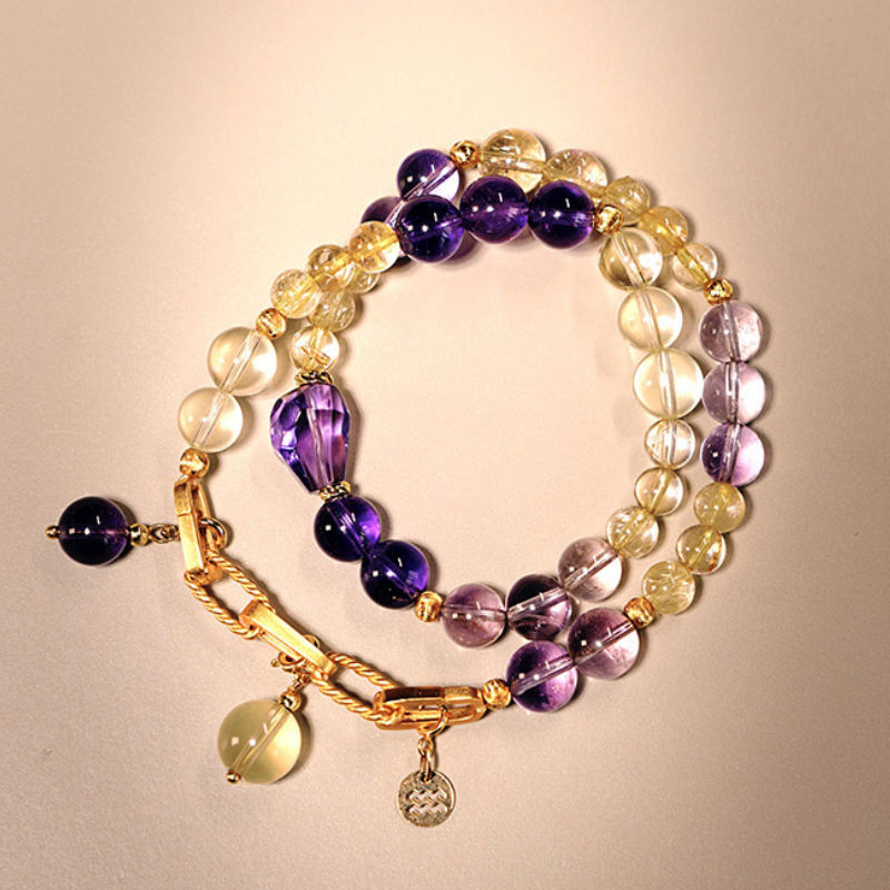 2026 Aquarius Double-Wrap Bracelet | Abundance Stone Amethyst Lemon Quartz