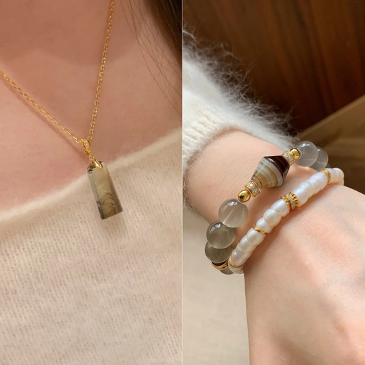 Gold-Plated 925 Silver|Ink Wash Agate Necklace & Bracelet