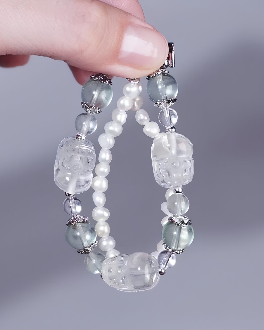 Watch Band – Pearl Sea Fluorite & Clear Quartz Pi Xiu, Repel Negativity