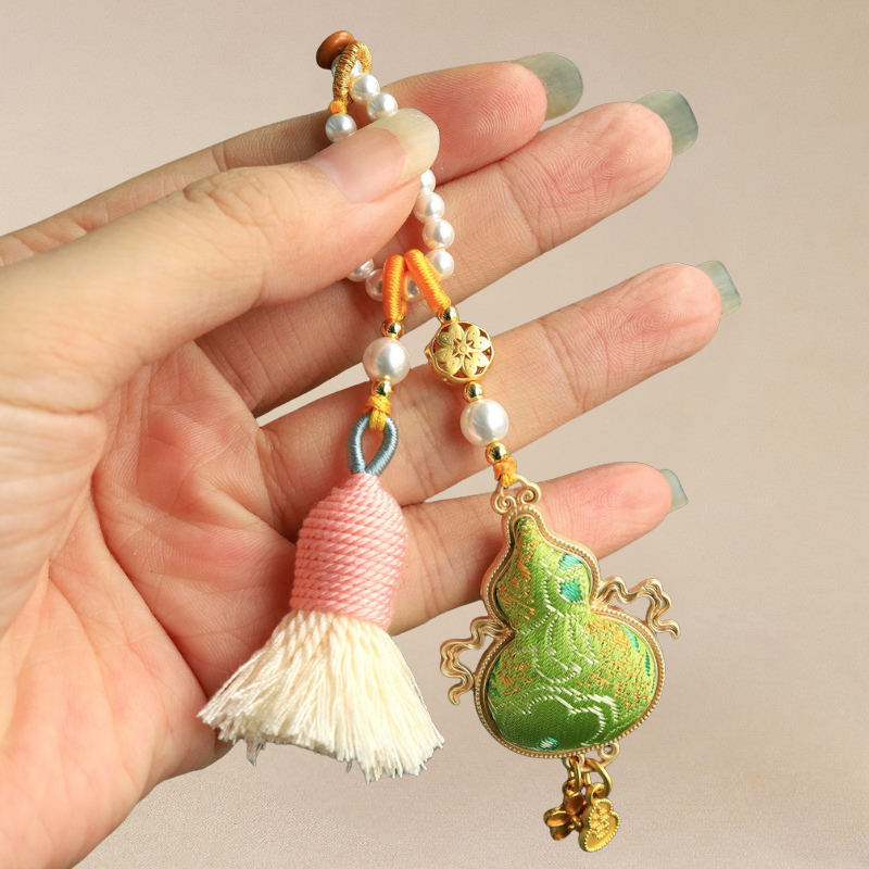 Flying Gourd Charm | Double-sided Embroidered Winged Gourd Ornament with Braided Tassel