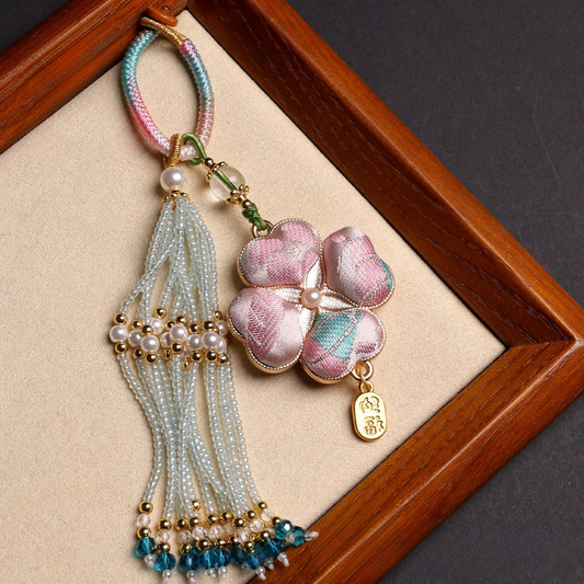 Four-Leaf Clover Lucky Charm | Chinese Embroidery Song Jin Charm with Tassel
