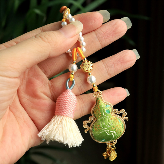 Flying Gourd Charm | Double-sided Embroidered Winged Gourd Ornament with Braided Tassel