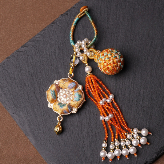 Double Blessing Charm: Auspicious Flower & Wish Sphere | Song Jin Embroidery & Crystal Tassel