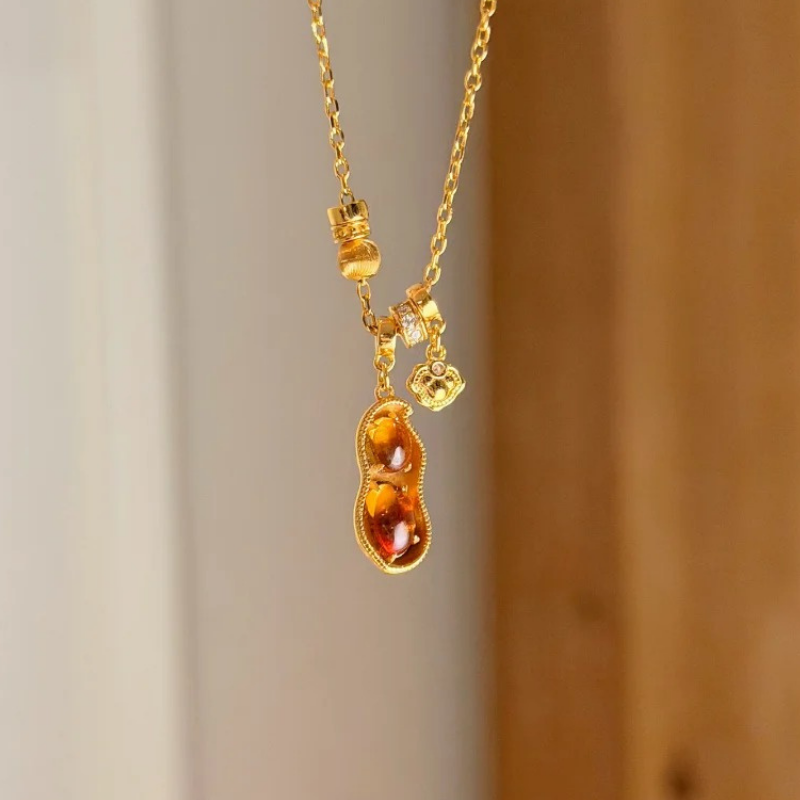 Gold-Plated 925 Silver|Citrine Peanut Necklace – Wealth & Fertility Blessings