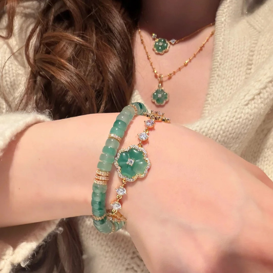 Gold-Plated 925 Silver|Chalcedony Four-Leaf Clover Jewelry Set (Bracelet + Necklace)