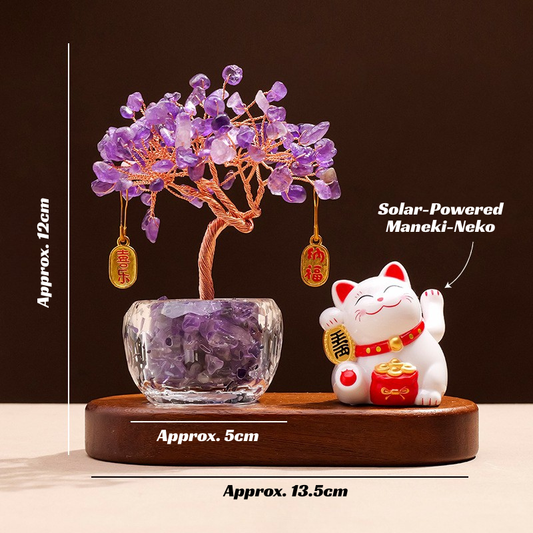 Amethyst Feng Shui Tree & Lucky Cat Set - Wisdom & Scholastic Success