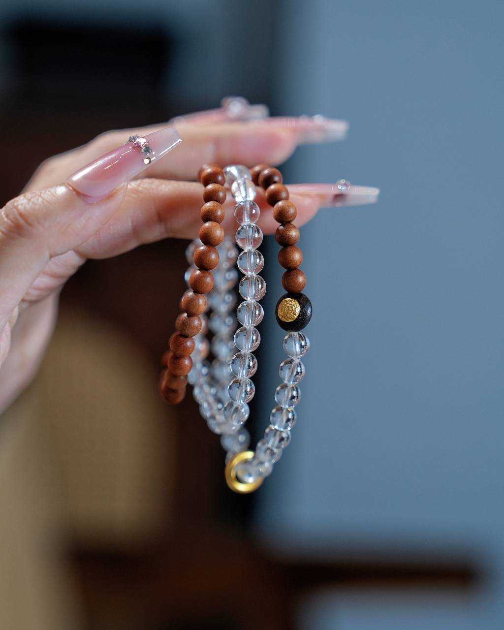 Orange Latte, Multi-wrap Sandalwood & Clear Quartz Bracelet, Calm Your Mind