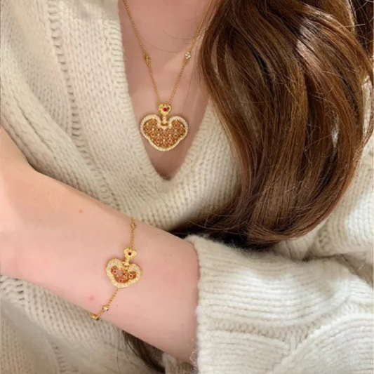 Gold-Plated 925 Silver| Ruyi Lock Enamel Hollow-out Jewelry Set (Bracelet+Necklace)