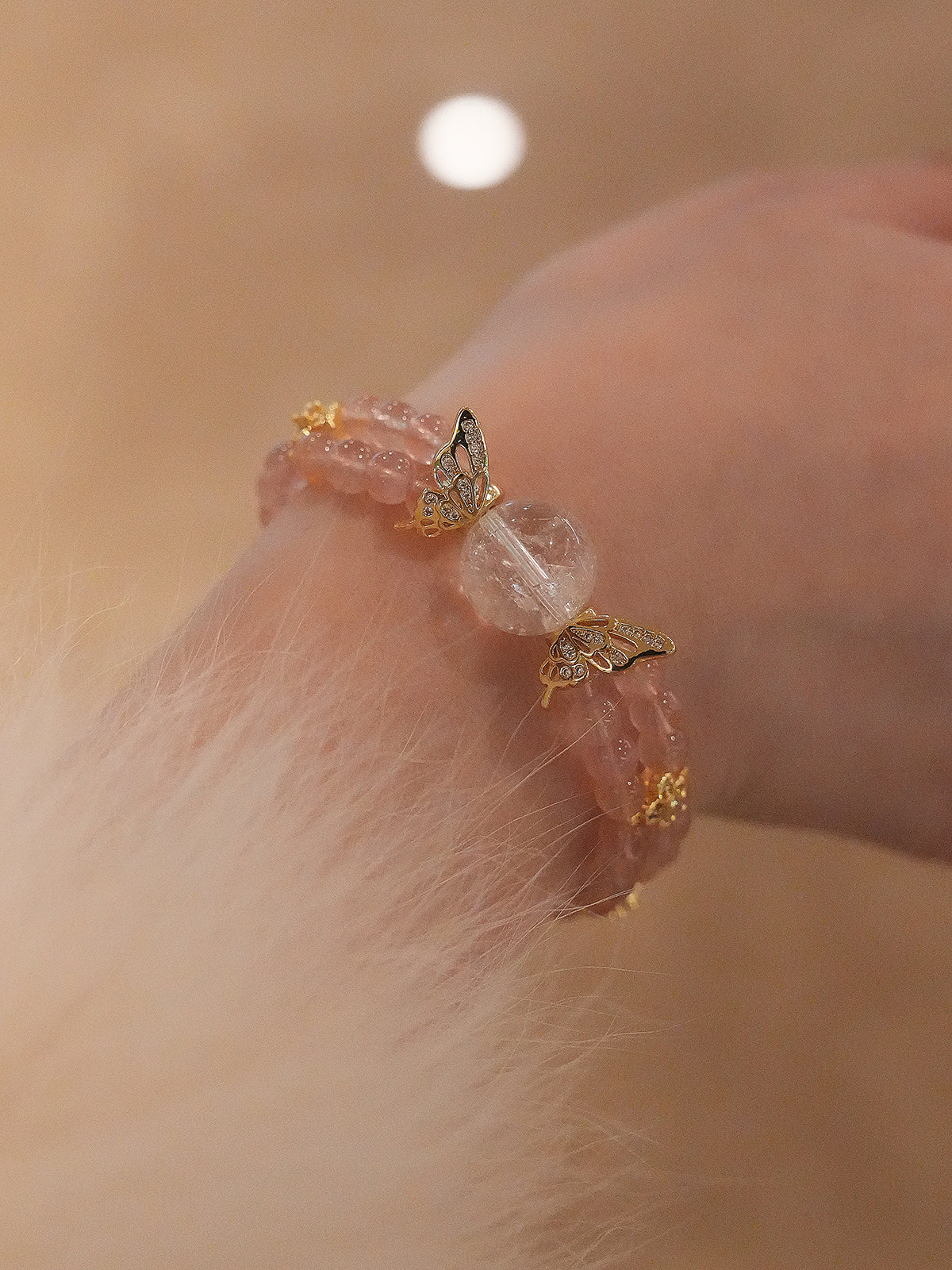Double-wrap Bracelet|"Sandalwood Pink Butterfly" Rose Quartz & White Aura Quartz for Love & Purify