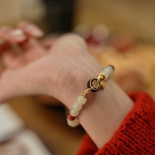 Bracelet|"Wealth & Blessing" Hetian Jade & Black Agate for Prosperity & Harmony