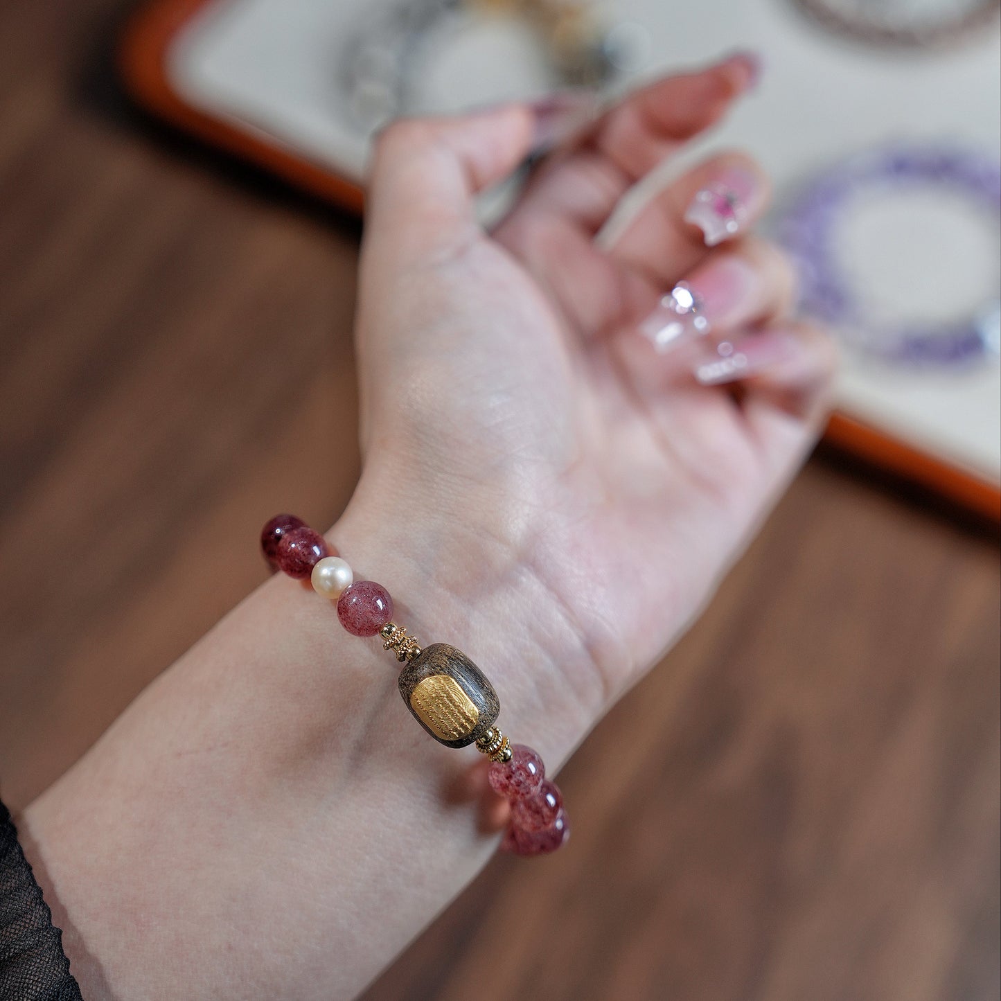 Bracelet|"Strawberry Coconut" Strawberry Quartz & Agarwood for Love & Abundance
