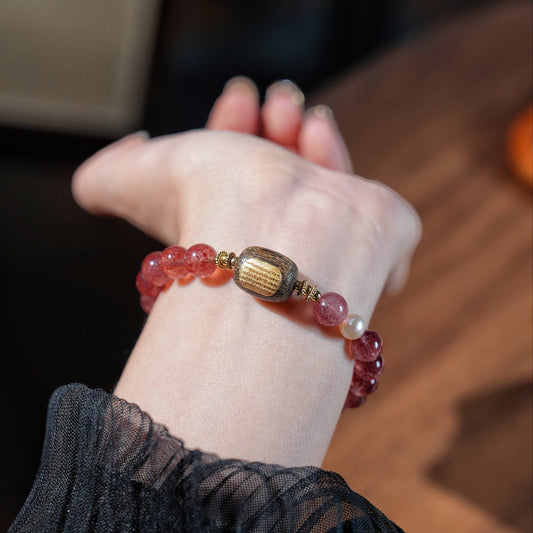 Bracelet|"Strawberry Coconut" Strawberry Quartz & Agarwood for Love & Abundance