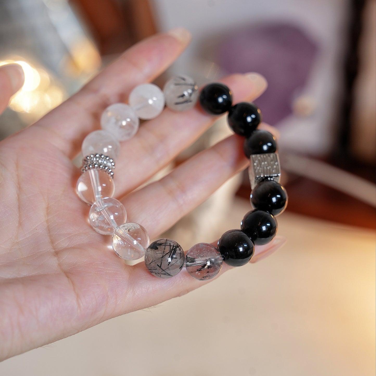 Bracelet|"Black & White Muse" Black Obsidian & Auralite-23 for Protection & Purification