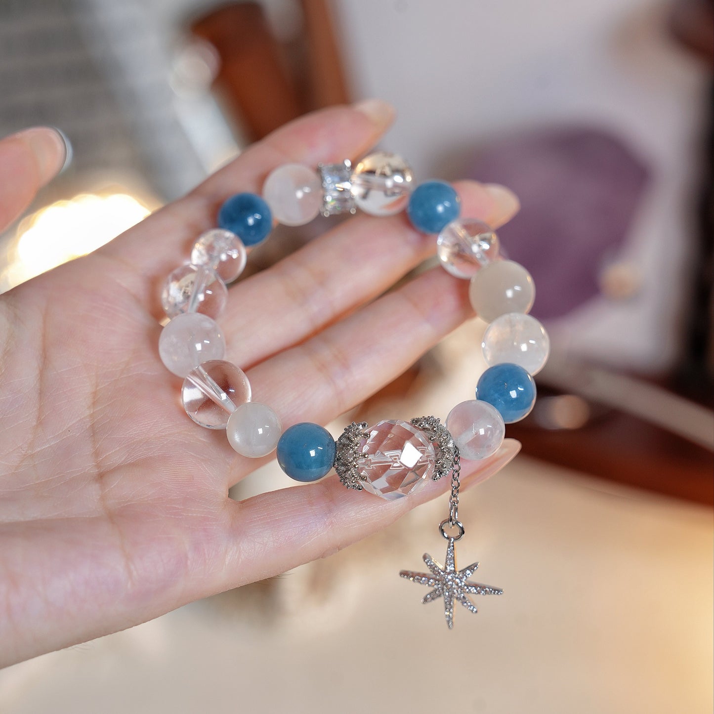 Bracelet|"Pure Harmony" White Phantom & Aquamarine for Purification & Wealth
