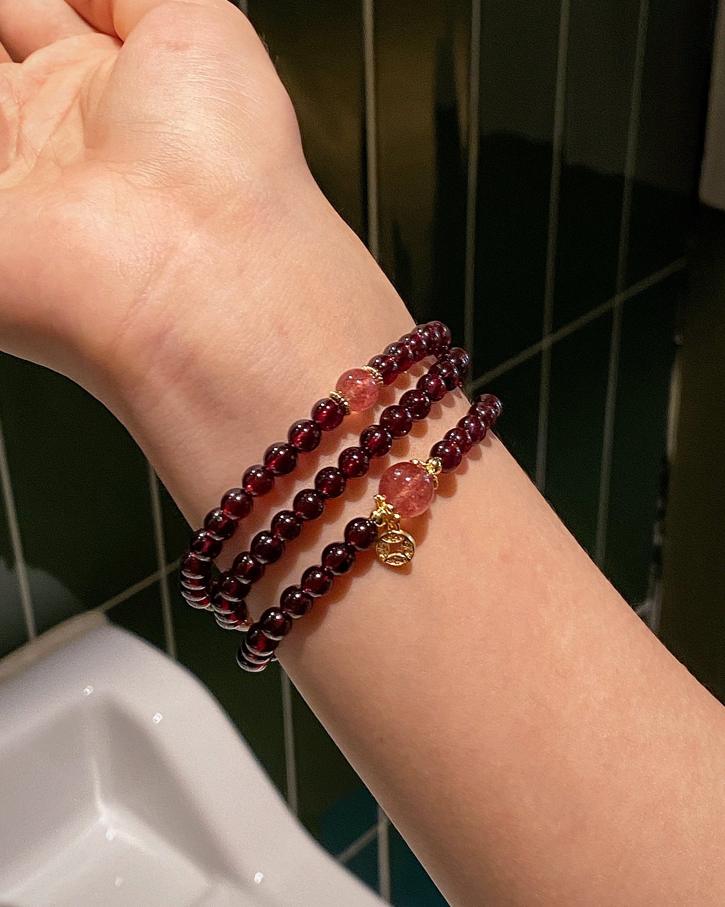 Blooming Treasure, Garnet & Strawberry Quartz Multi-Wrap Bracelet