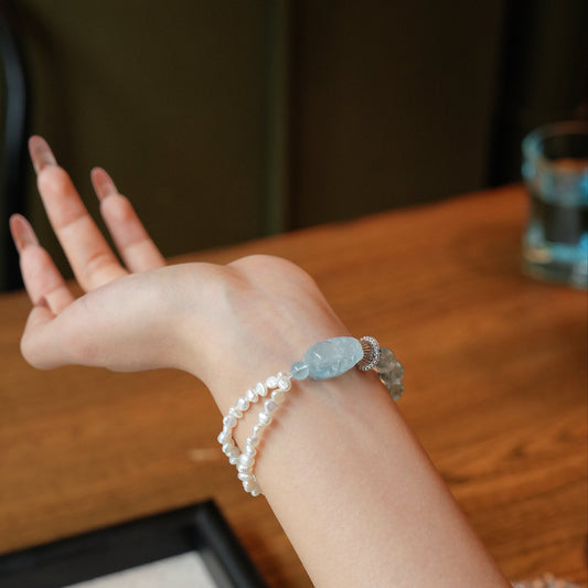 Bracelet|"Ocean Foam Stars “Pixiu”" Aquamarine & Pearl for Gentle Healing