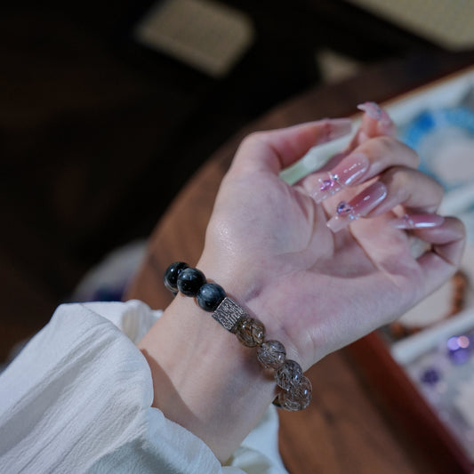 Bracelet|"Spring Water" Hawk's Eye & Super Seven for Insight & Vitality