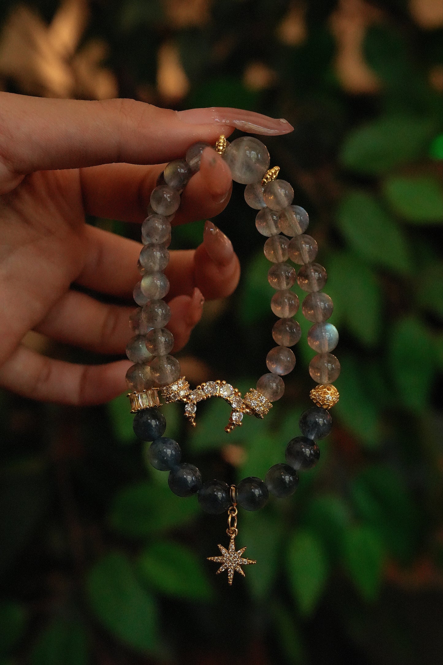 Double-wrap Bracelet|"Starry Field Serenity" Moonstone & Aquamarine for Love Stability