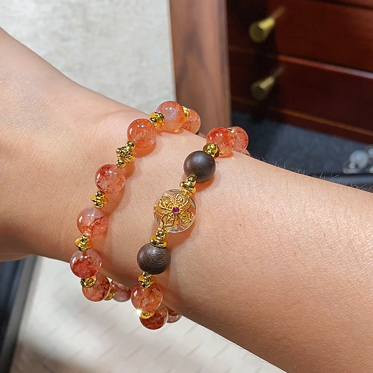 Bracelet|"Lucky Koi" Red Phantom Quartz & Agarwood for Wealth & Calm
