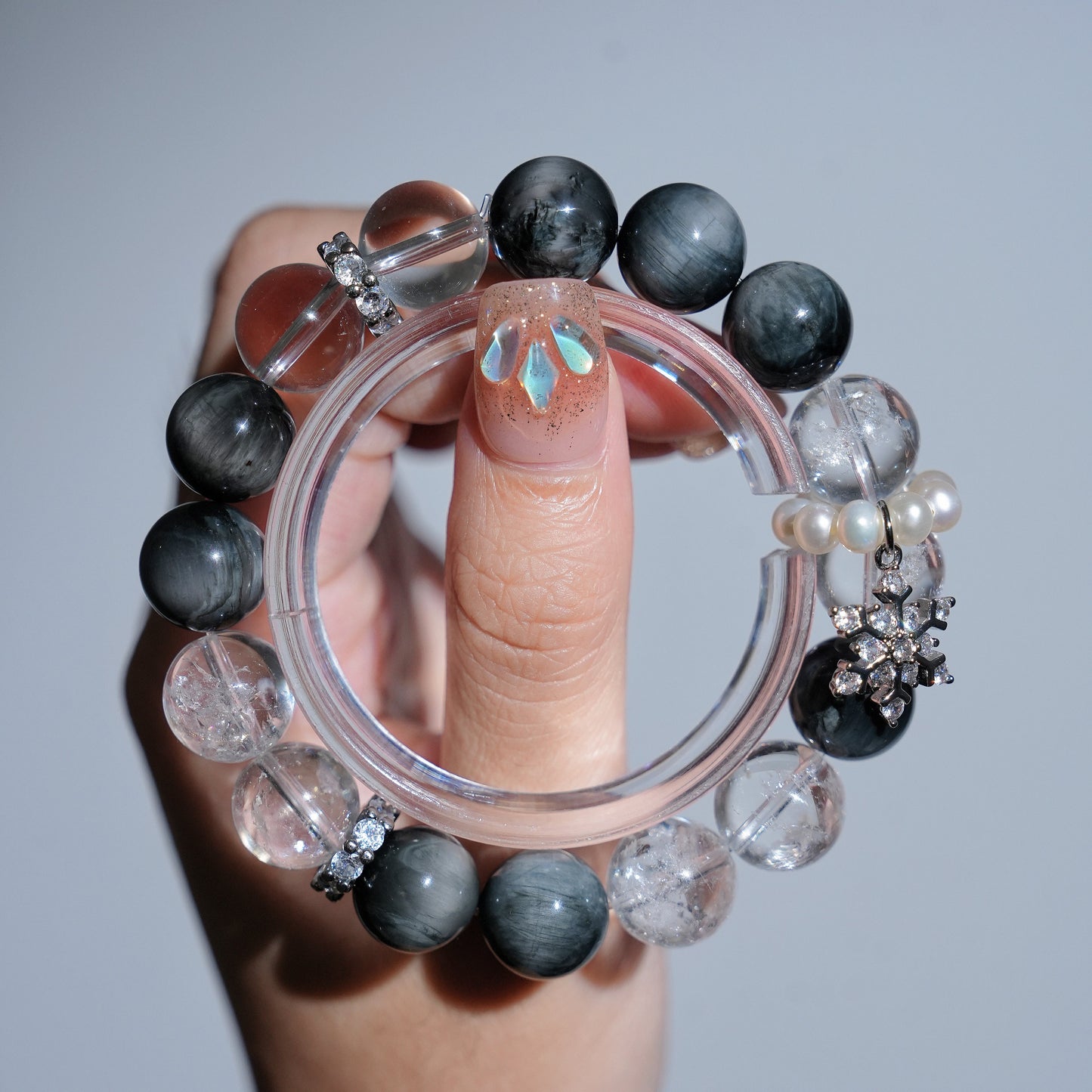 Bracelet|"Snow Over Mountains" Hawk's Eye & Auralite-23 for Clarity & Protection