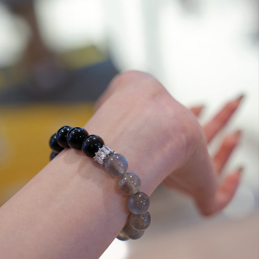 Bracelet|"Half-Moon Shadow" Silver Obsidian & Gray Moonstone for Protection & Intuition