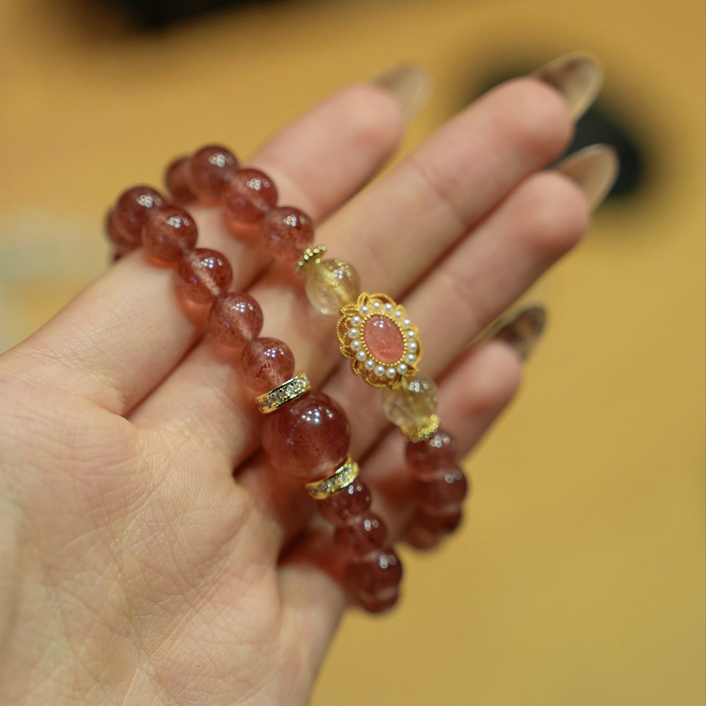Double-wrap Bracelet|"Blushing Charm" Strawberry Quartz & Citrine for Love & Wealth