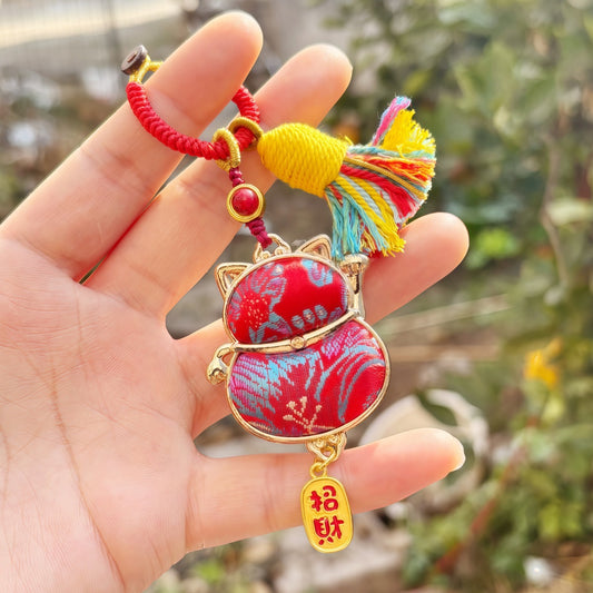 Double-Sided Lucky Cat Charm | Chinese Embroidery Song Jin Charm for Wealth & Good Fortune