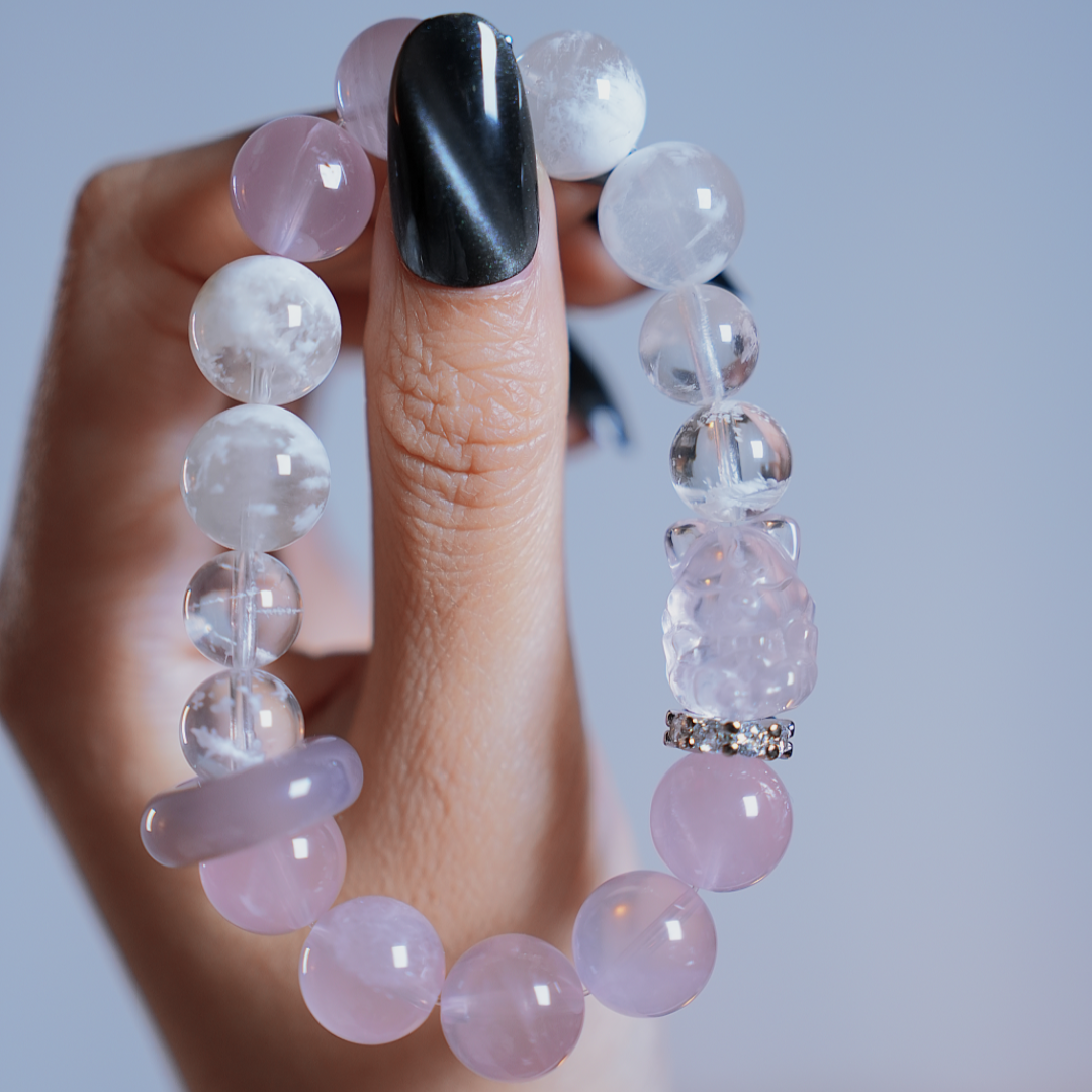 Bracelet｜"Blossoming Snow Mystery" Pink Quartz & Snowflake Obsidian for Love & Purify