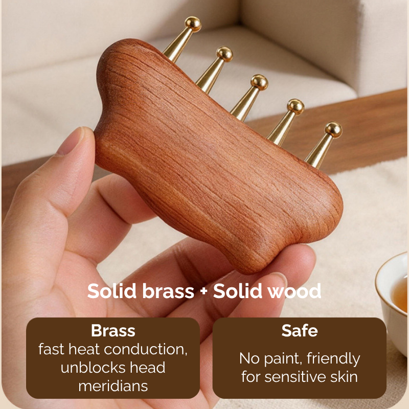 Meridian Comb | Brass Tooth Cloud-Shaped Handle - Natural Wood for Head & Body Massage