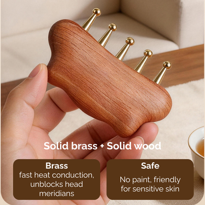 Meridian Comb | Brass Tooth Cloud-Shaped Handle - Natural Wood for Head & Body Massage
