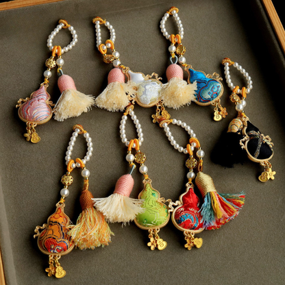 Flying Gourd Charm | Double-sided Embroidered Winged Gourd Ornament with Braided Tassel