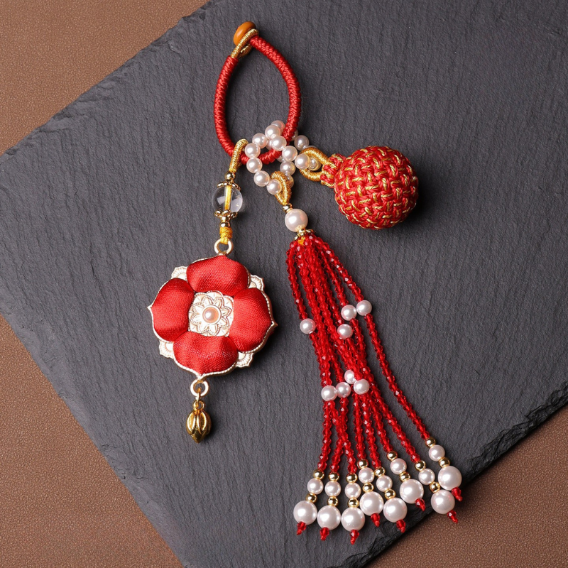Double Blessing Charm: Auspicious Flower & Wish Sphere | Song Jin Embroidery & Crystal Tassel