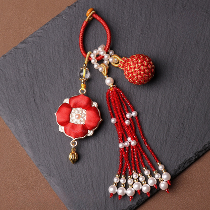 Double Blessing Charm: Auspicious Flower & Wish Sphere | Song Jin Embroidery & Crystal Tassel