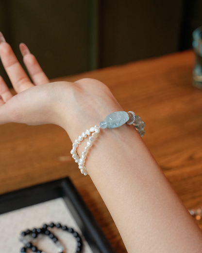 Sea Foam, Aquamarine Pi Xiu & Pearl Bracelet, Soothe Your Spirit