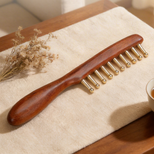 Massage Comb | Brass Tooth Comb - Natural Wood for Head Meridian & Full Body Massage