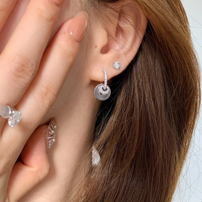 Gold-Plated 925 Silver｜ Chalcedony Peace Button Earrings
