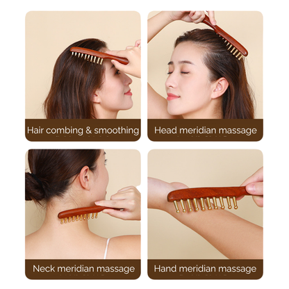 Massage Comb | Brass Tooth Comb - Natural Wood for Head Meridian & Full Body Massage