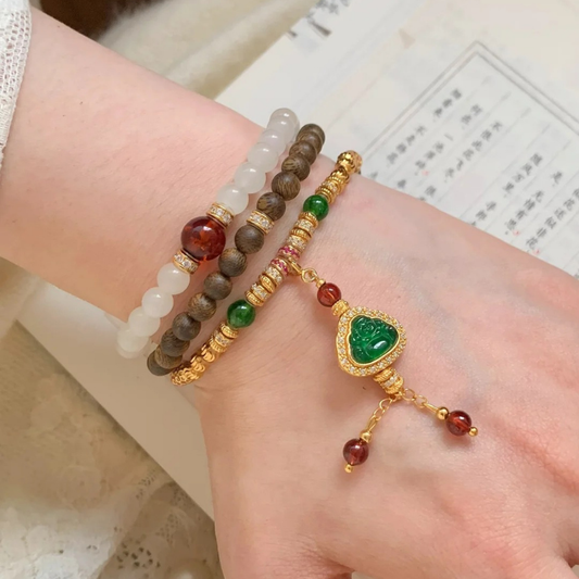 Gold-Plated 925 Silver｜ Chalcedony Maitreya Buddha Beaded Bracelet