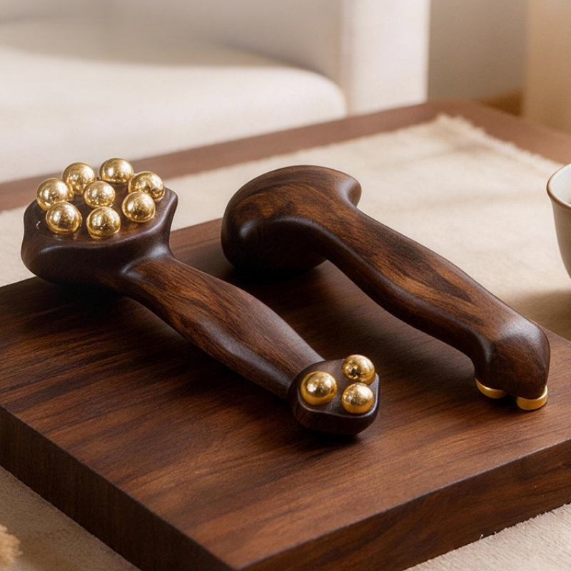 Massage Tool | 11-Brass Bead Ruyi Shape - Natural Wood for Face & Eye Massage