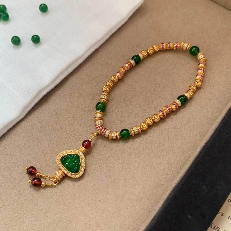 Gold-Plated 925 Silver｜ Chalcedony Maitreya Buddha Beaded Bracelet