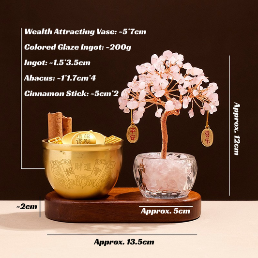 Rose Quartz Feng Shui Tree & Wealth Treasure Jar Set - Love & Harmonious Abundance