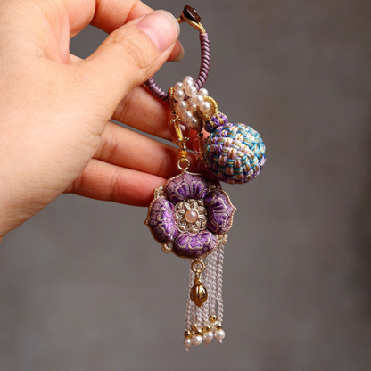 Double Blessing Charm: Auspicious Flower & Wish Sphere | Song Jin Embroidery & Crystal Tassel