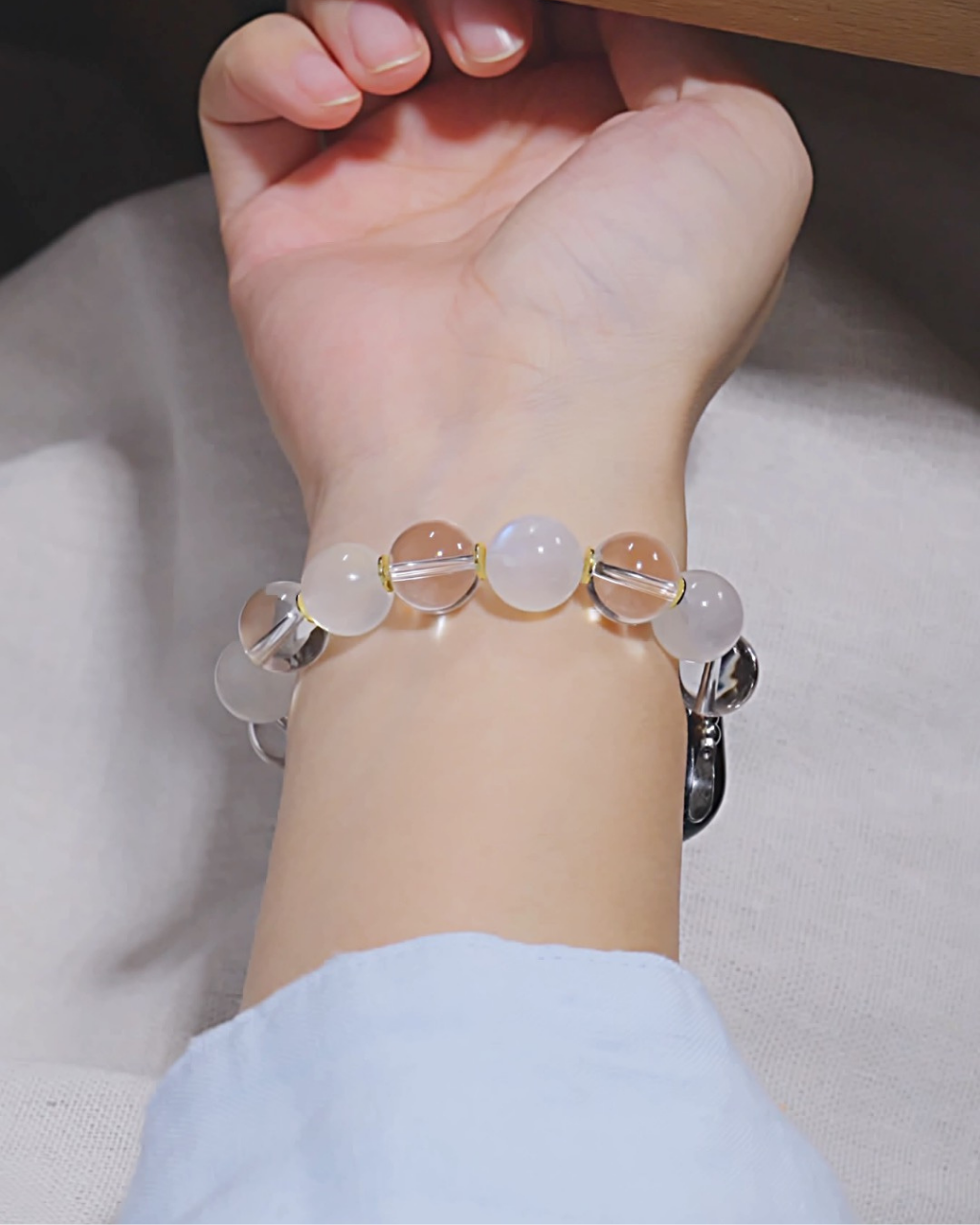 Mountain Snow, Clear Quartz & Moonstone Watch Band, Powerful Purification