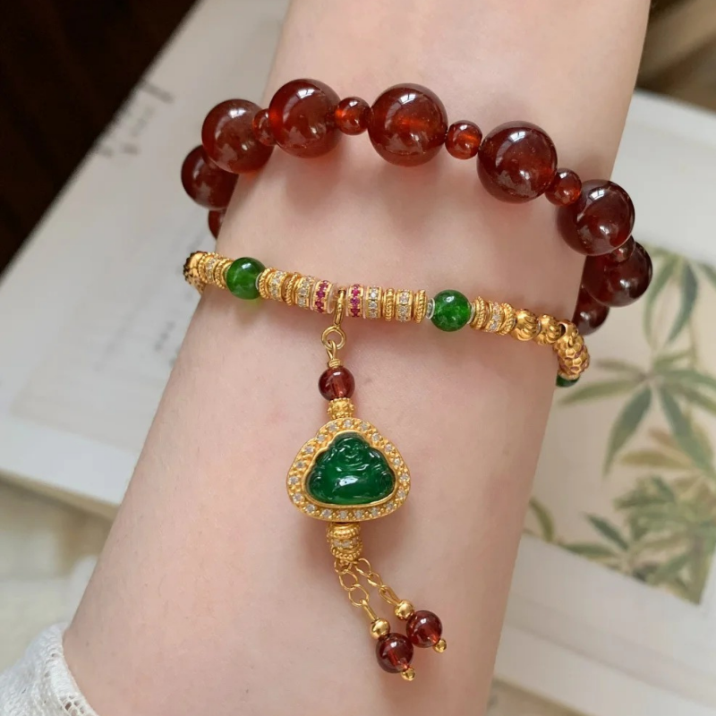 Gold-Plated 925 Silver｜ Chalcedony Maitreya Buddha Beaded Bracelet