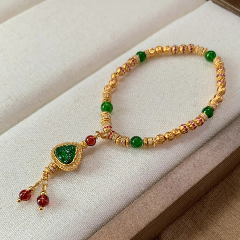 Gold-Plated 925 Silver｜ Chalcedony Maitreya Buddha Beaded Bracelet