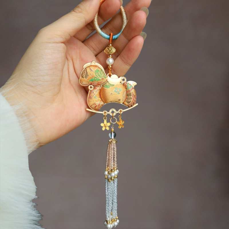 Double-Sided Song Jin Horse & Crystal Tassel Charm | Lucky Charm for Car, Bag