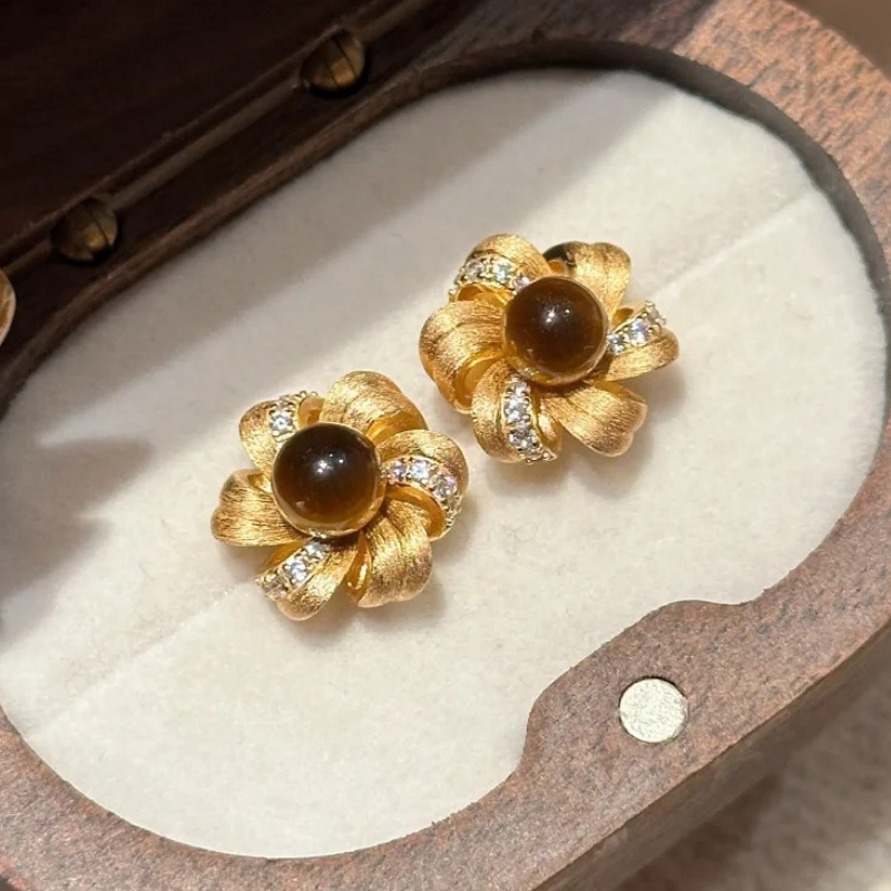 Gold-Plated 925 Silver｜ Cat's Eye Flower Stud Earrings