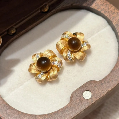 Gold-Plated 925 Silver｜ Cat's Eye Flower Stud Earrings